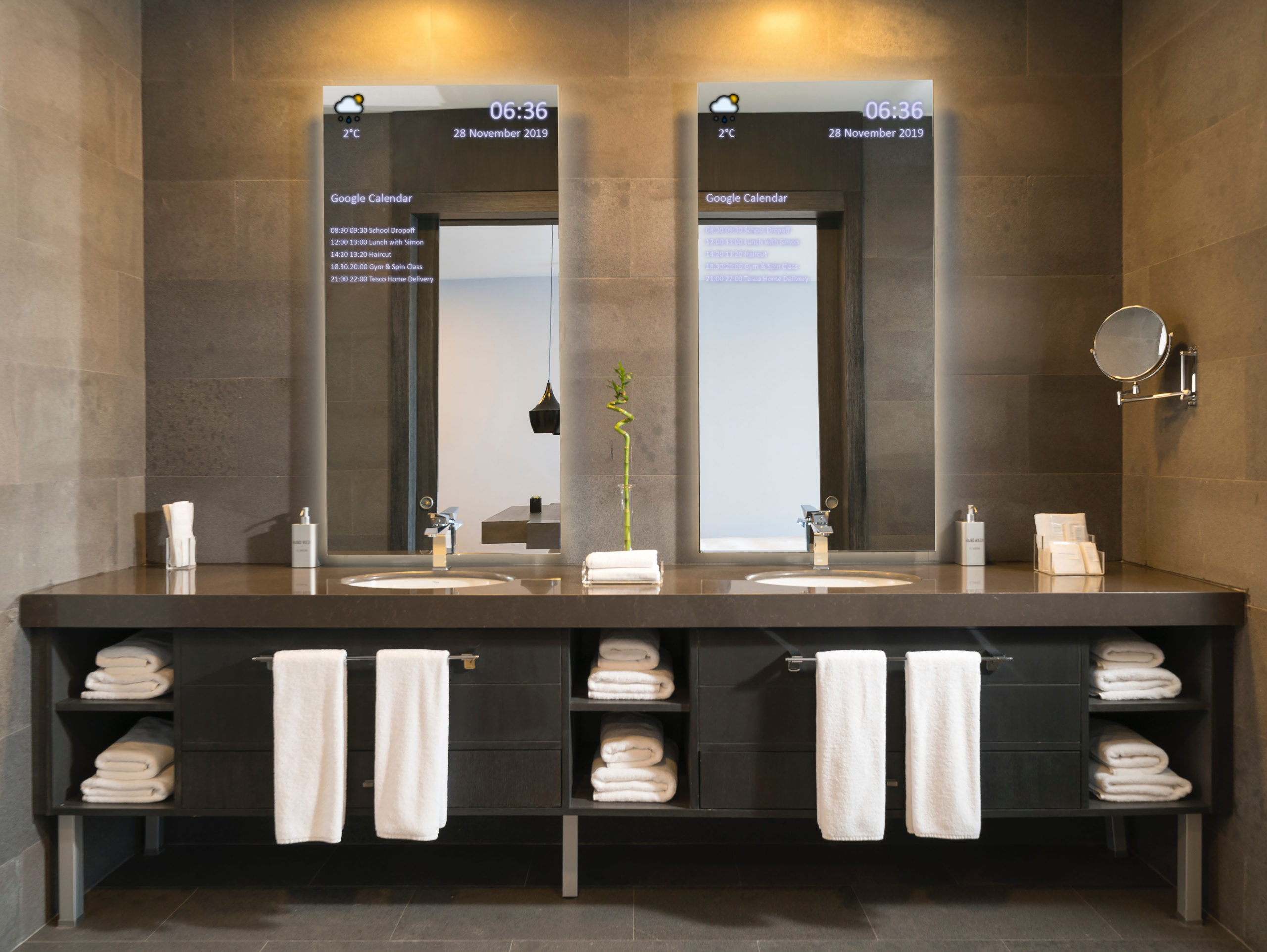Home Bathroom Interior Design by MDfx voice controlled mirror with alexa capabilites smart mirror connected