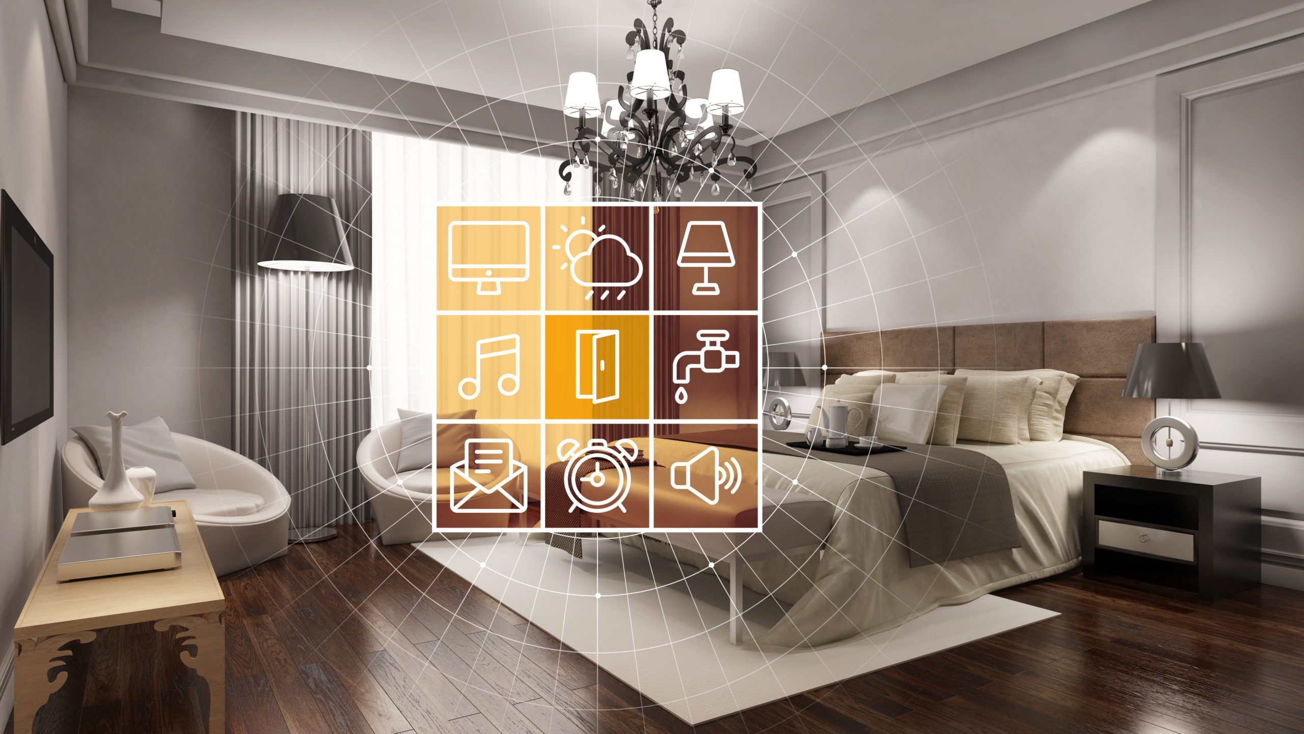 Elegant hotel room with smart home technology interface for control and personalization (3D Rendering)