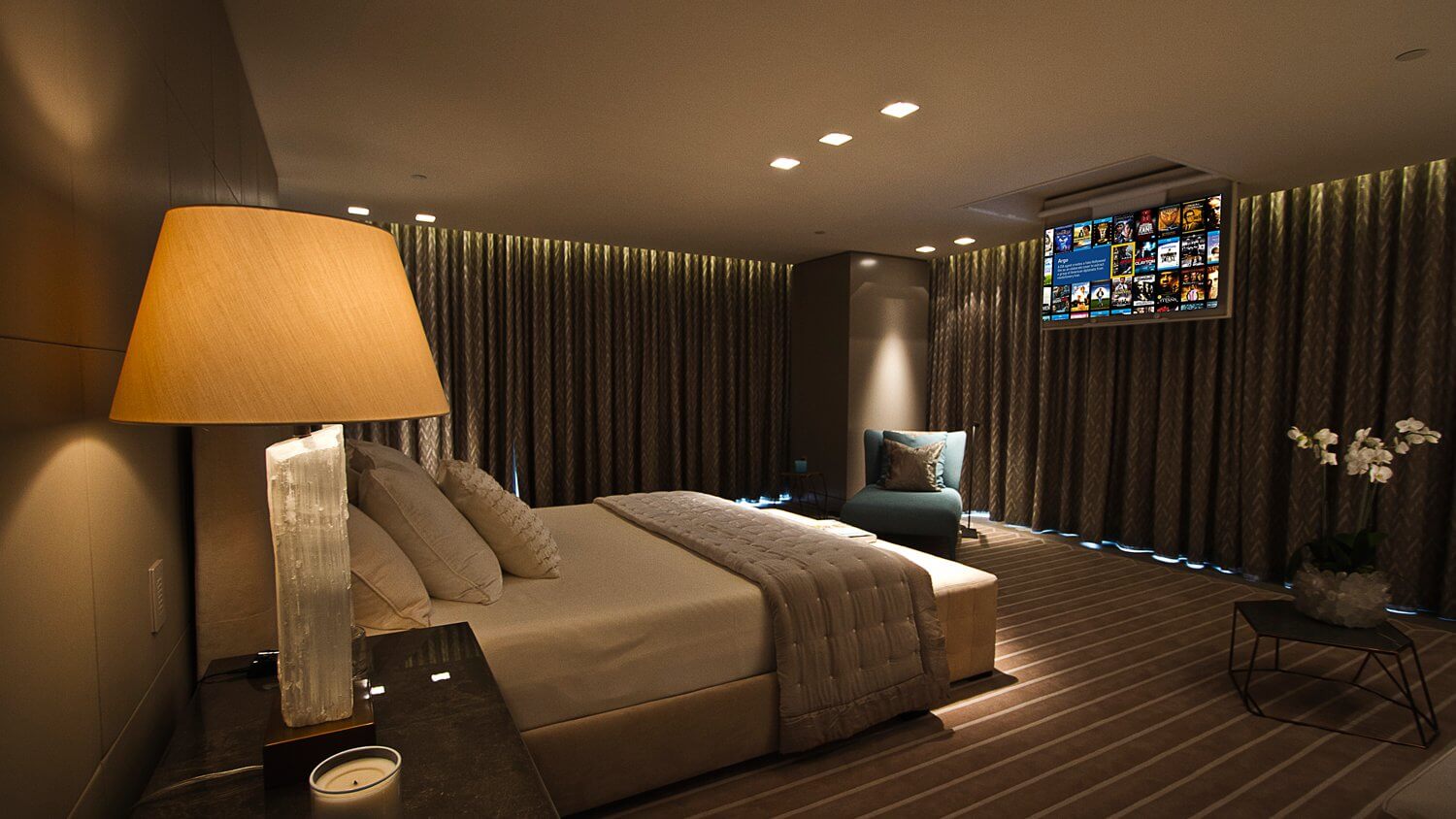 luxury yachts Interior Design by MDfx luxury bedroom on yacht with concealed tv in ceiling