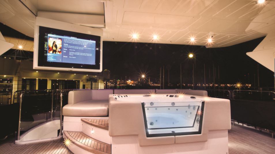 luxury yachts Interior Design by MDfx luxury on-board cinema with outdoor jacuzzi and ocean views