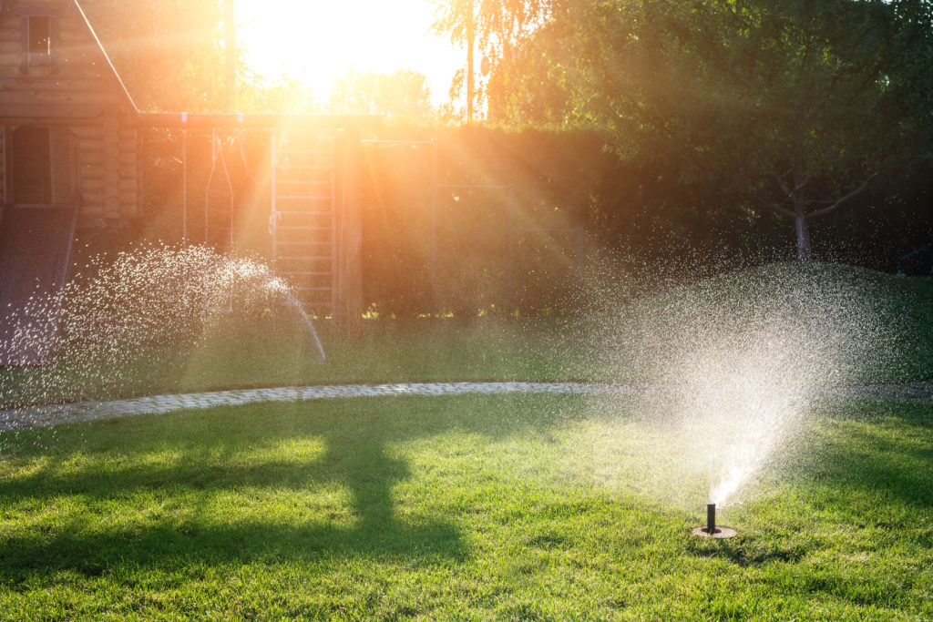 Landscape automatic garden watering system with different sprinklers installed under turf. Landscape design with lawn hills and fruit garden irrigated with smart autonomous sprayers at sunset time.