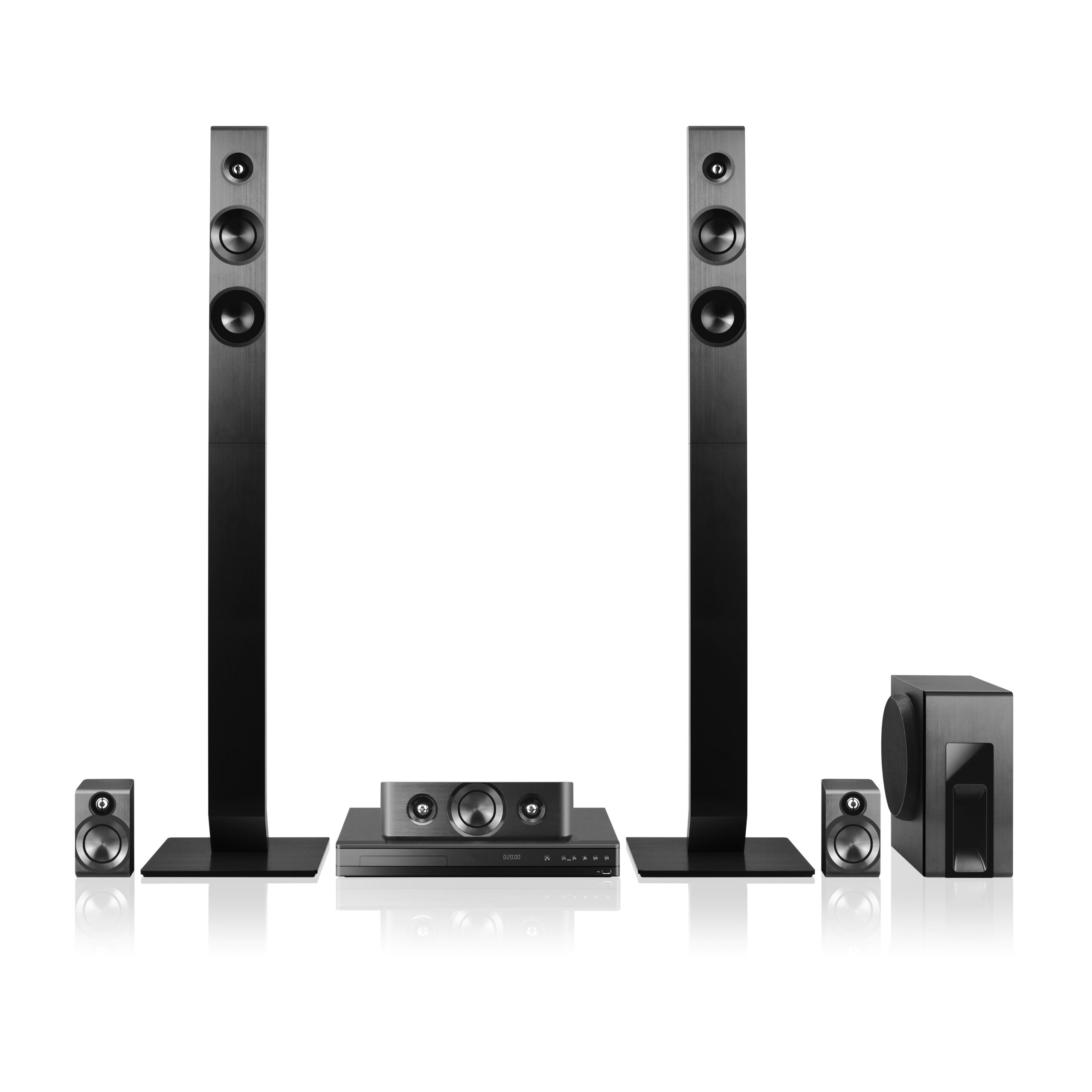 Home Theater Receiver and Speaker System Isolated. Side View 3D Home Cinema Entertainment System. Data Surround Speakers. Acoustic Audio Stereo Sound 5.1 Channel Output. Household Electrical Equipment