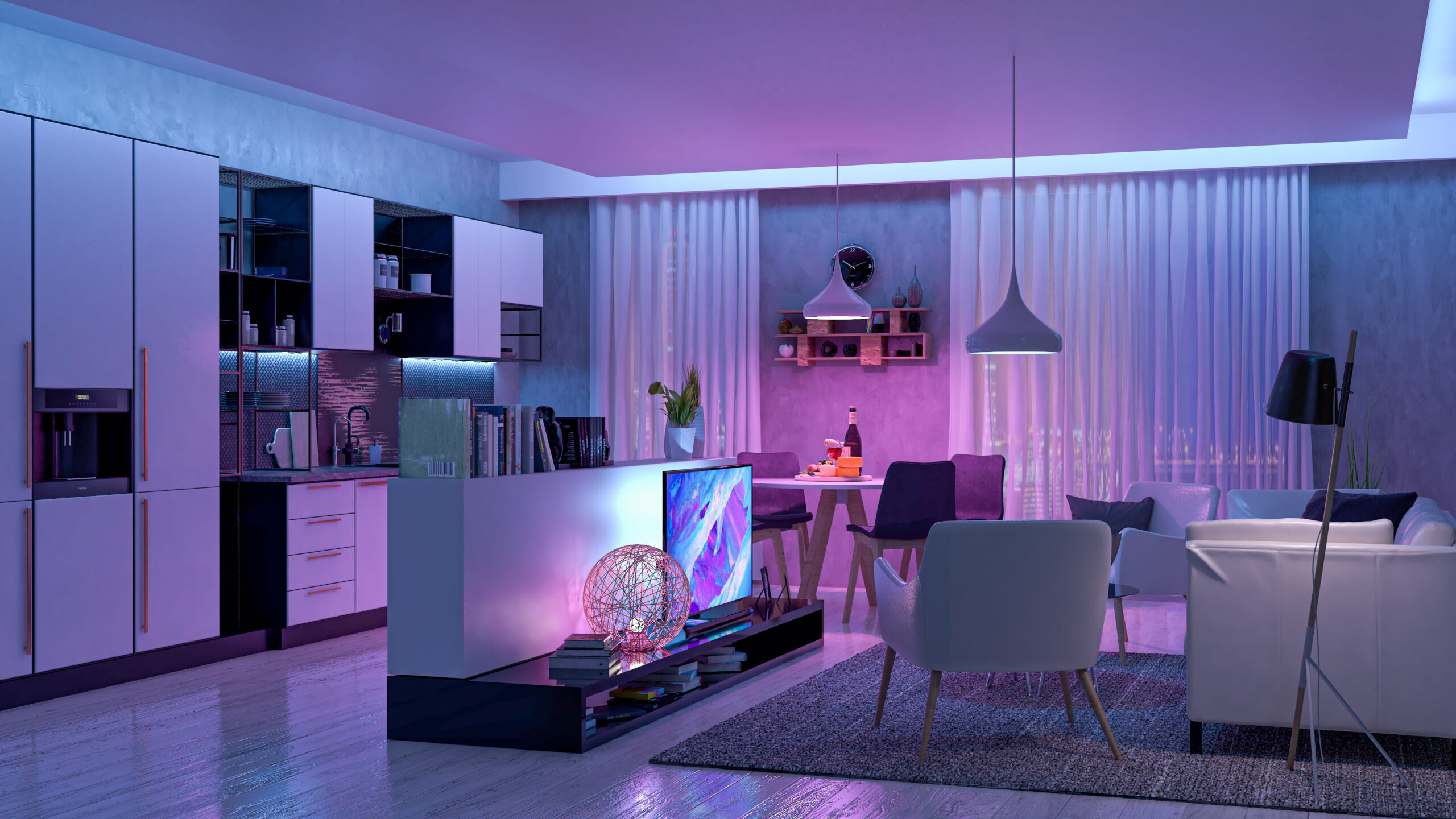 Modern Living room with coloured led light - Smart home. 3D render