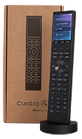 A Photo of a black Control4 Halo remote with box.